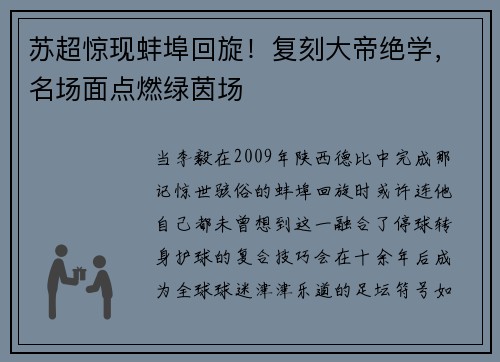 苏超惊现蚌埠回旋！复刻大帝绝学，名场面点燃绿茵场