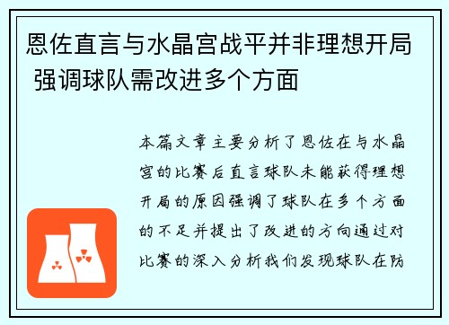 恩佐直言与水晶宫战平并非理想开局 强调球队需改进多个方面